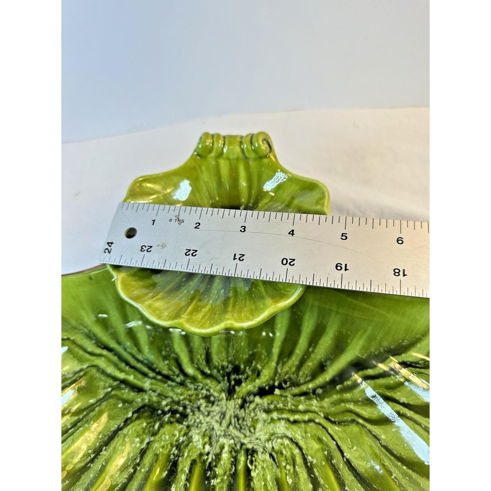 Vintage Treasure Craft MCM Green Clam Shell Chip/Dip Bowl Set 2-Tier Drip Glaze - Picture 11 of 13